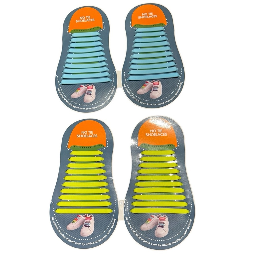 2 Packs of No Tie Silicone Shoeslaces Blue & Neon Yellow